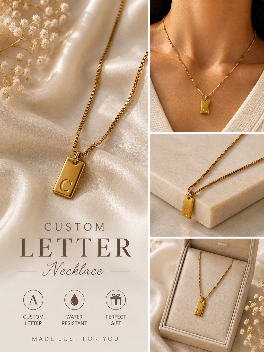 Yellow Gold Plated Custom Letter Rectangle Pendant Box necklace stainlesssteel