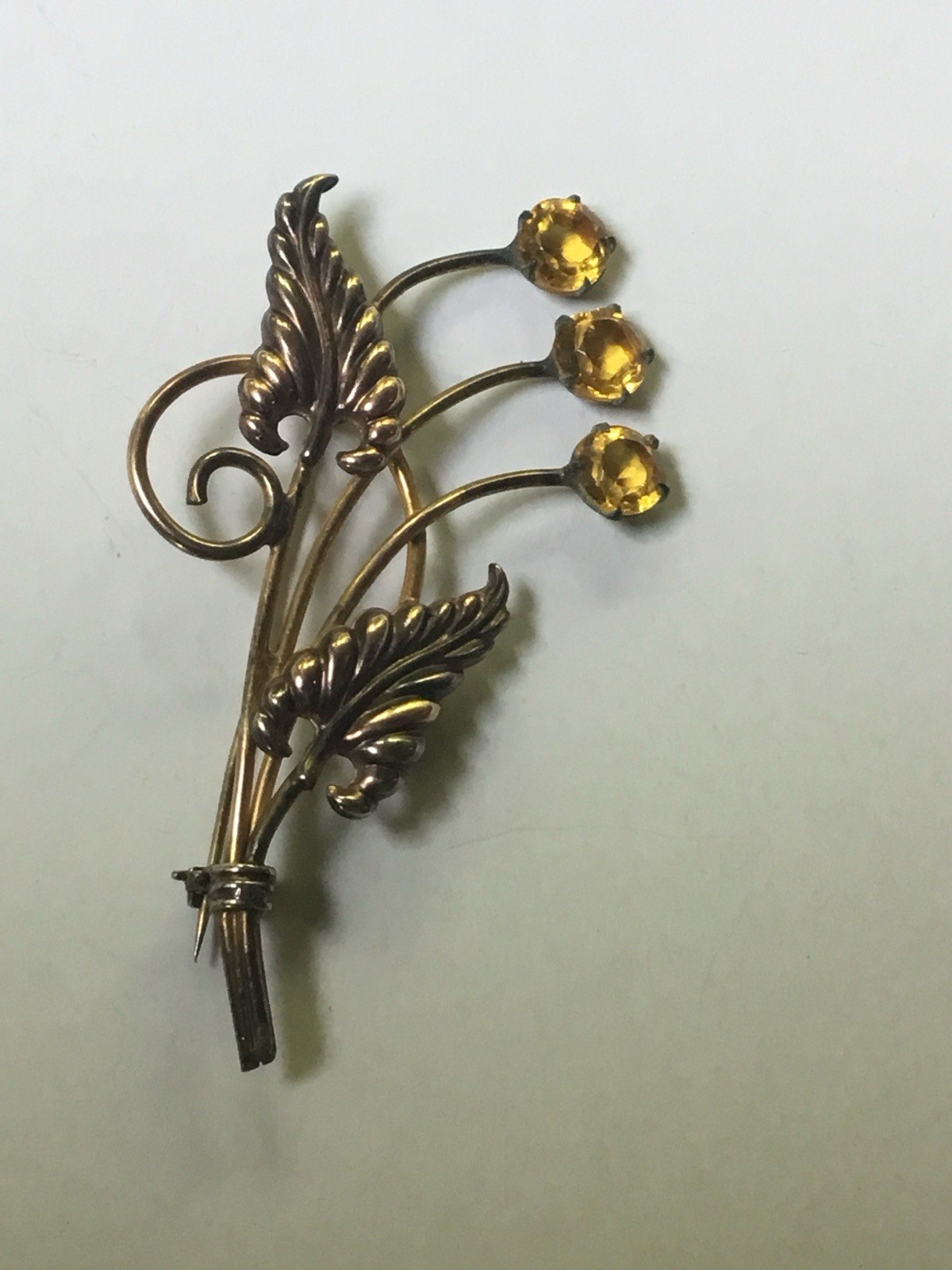 Beautiful Vintage 1/20 12K GF Flower Brooch~Yellow Stones~Stamped “M C”