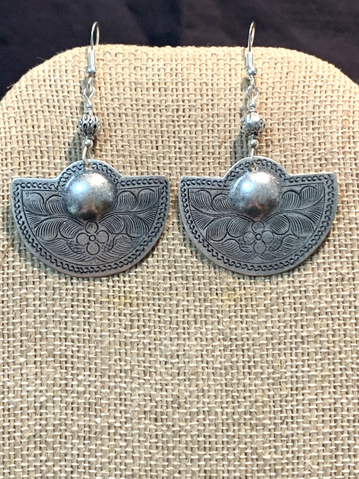 NEW ITEM *MED. ENGRAVED SILVER HILL TRIBE HALF-MOON DROP EARRINGS .925 WIRES-NEW