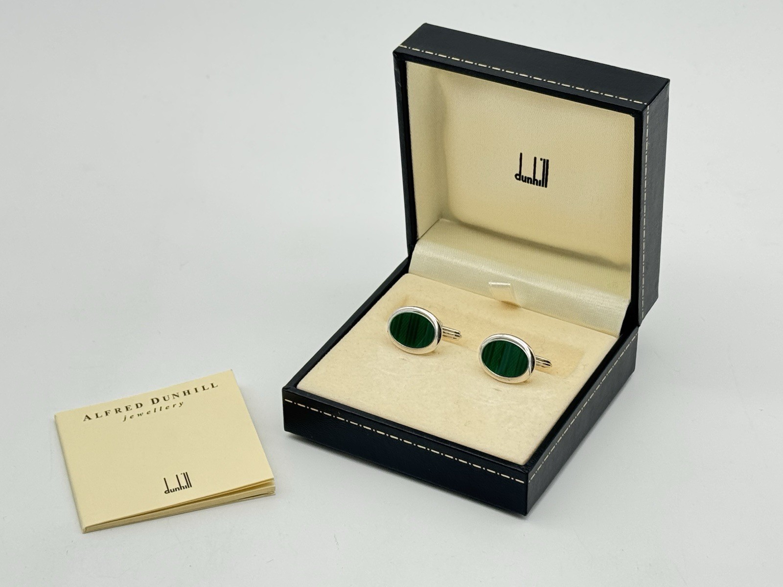 DUNHILL 925 SILVER GUILLOCHE GREEN ENAMEL CUFFLINKS MINT 100% GENUINE ~$550 RARE