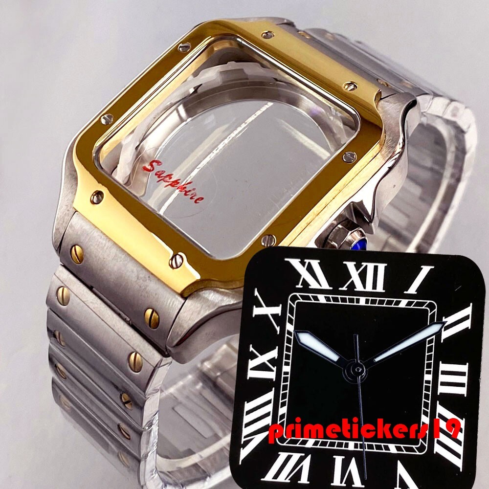 38mm Square Watch Case+Band+Dial Hands Set Fit NH35 NH36 NH38 Transparent Back