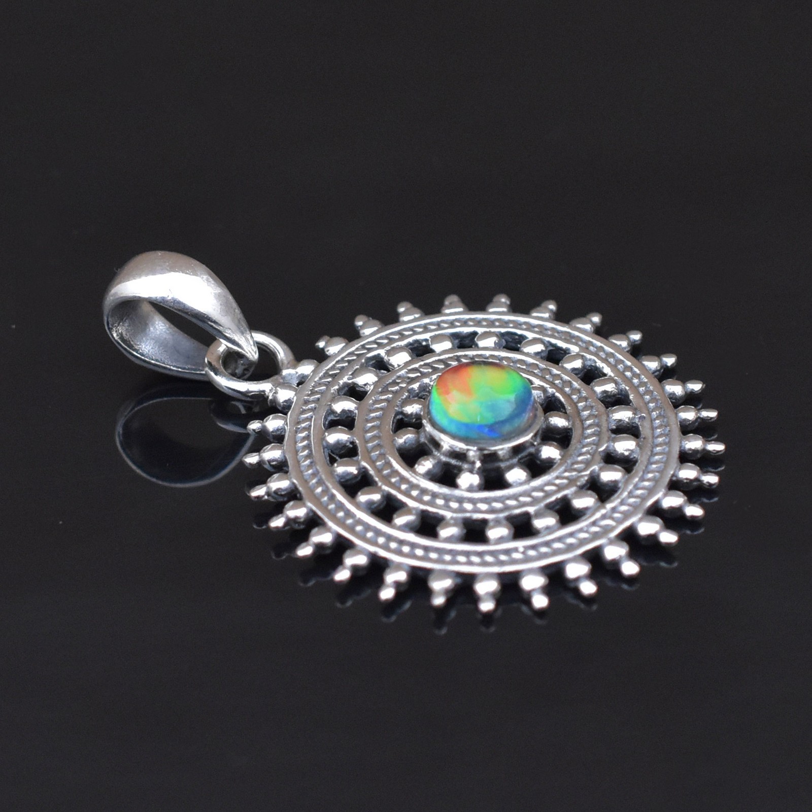 925 Sterling Silver Rainbow Fire Opal Sunburst Pendant, Handmade Boho Jewellery