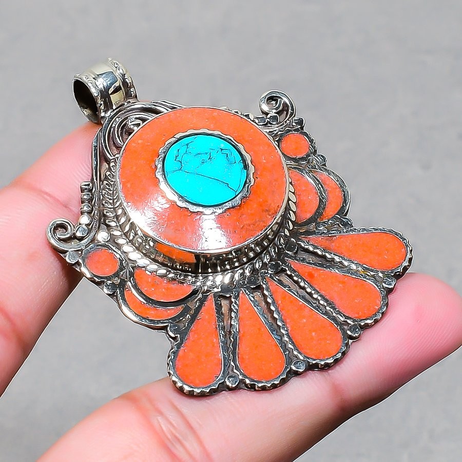Turquoise Red Coral Pendant Handmade Tibetan Nepali Vintage Jewelry 2.2″ NP 2490
