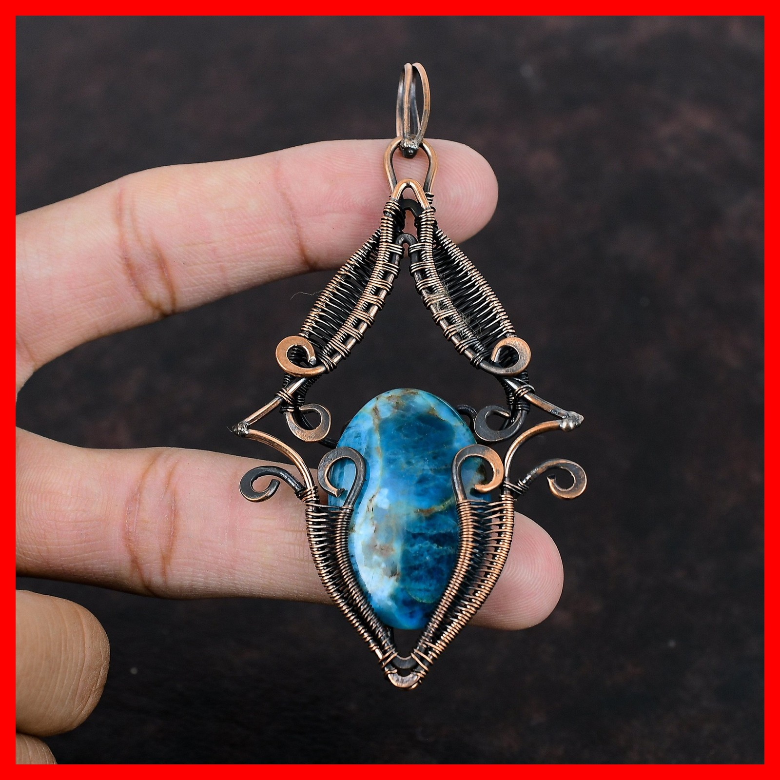 Copper Oval Neon Apatite Gemstone Birthday Art Deco Wire Wrapped Pendant Jewelry