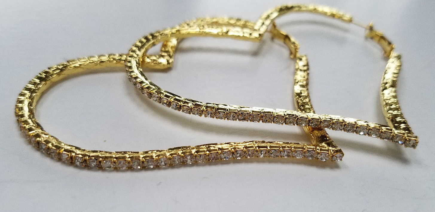 BIG HEART HOOPS GOLD TONE LADIES FASHION EARRINGS SPARKLE WHITE CRYSTALS STONES