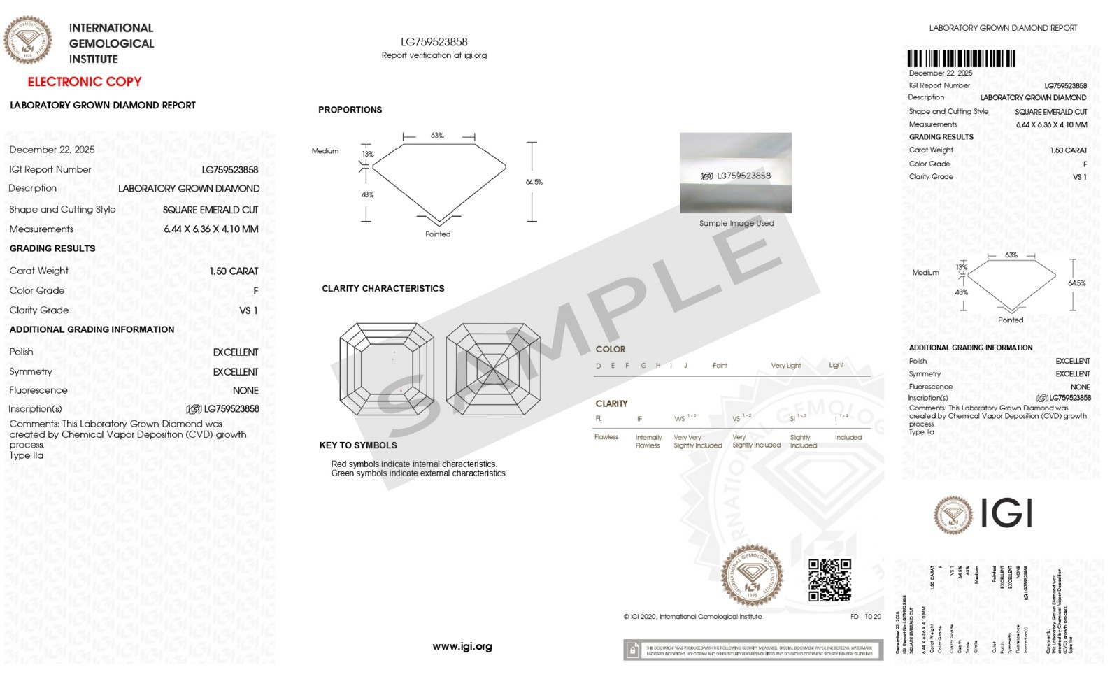 CVD Lab Grown Diamond VS1 Clarity F Color Asscher Cut 1.50 Carat IGI Certificate