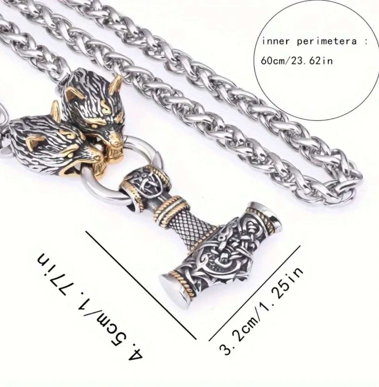 Byzantine Chain Necklace with Viking Hammer Wolf Head Pendant, Gold Silver Black
