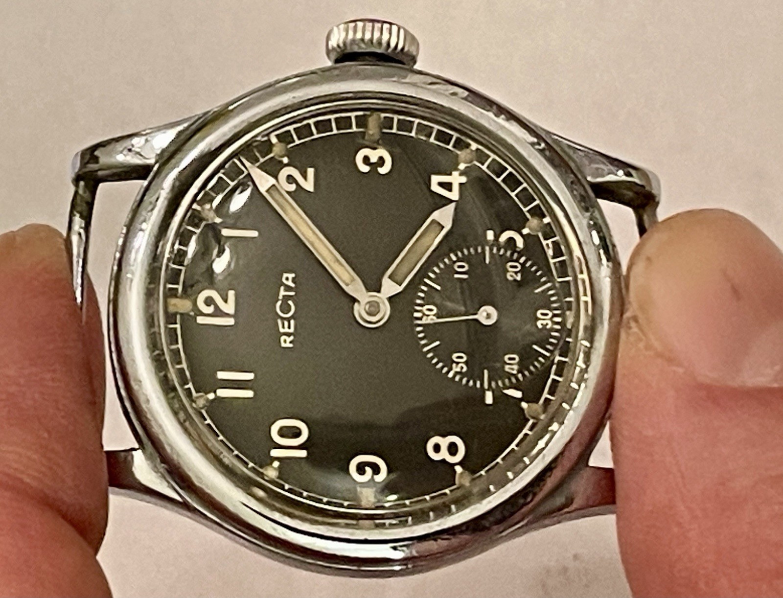 WWII German Army DH Military Watch Recta Swiss Movement – Serviced – Fixed Lugs