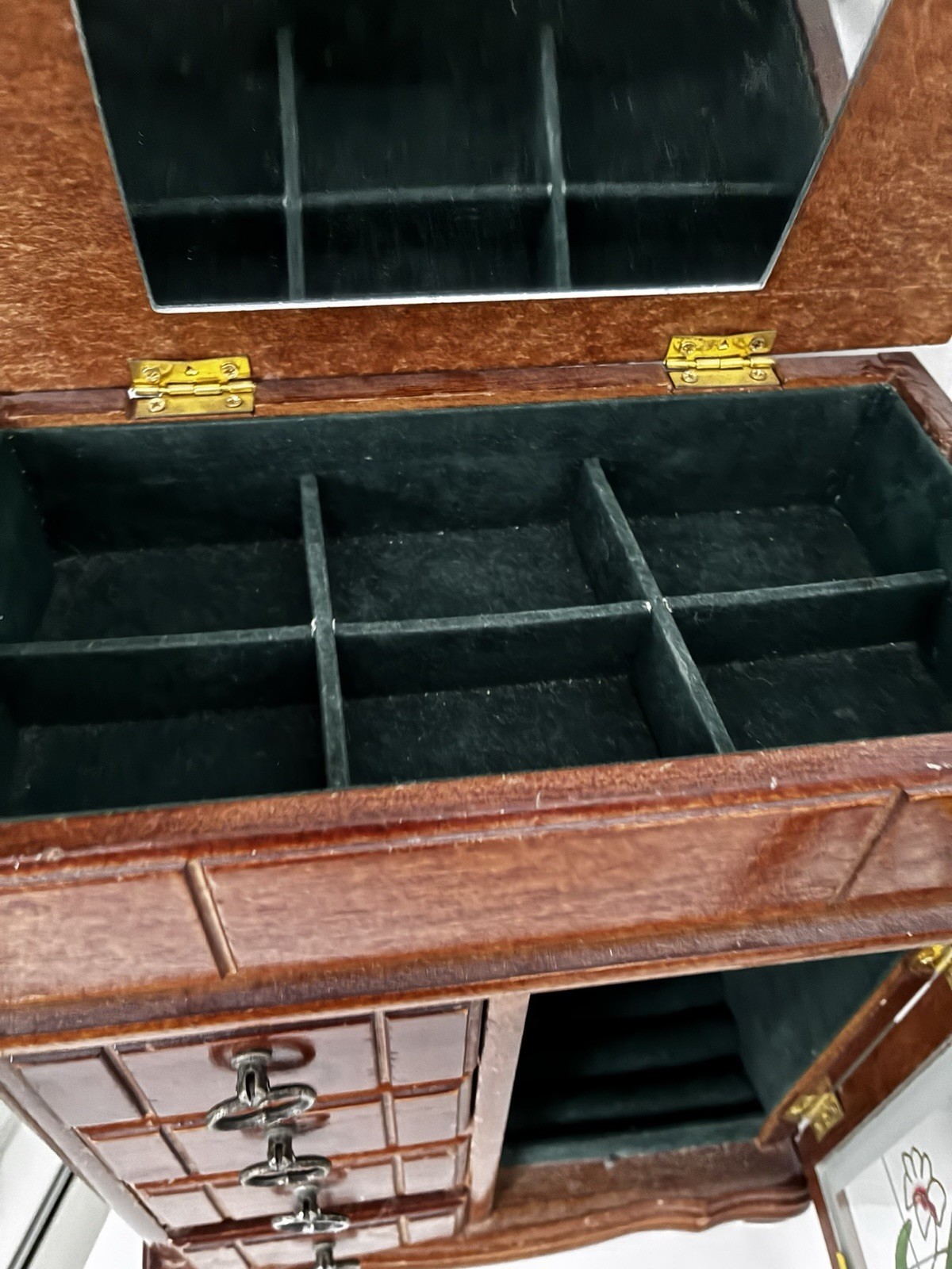 Wood Jewelry Box Cabinet Floral Glass Door Mirror Velvet Lining 25+ Pieces