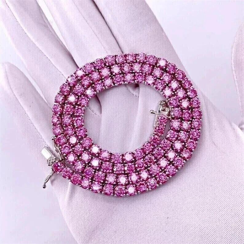 18CT Round Cut Lab Created Pink Sapphire Tennis Necklace 14K White Gold Plated