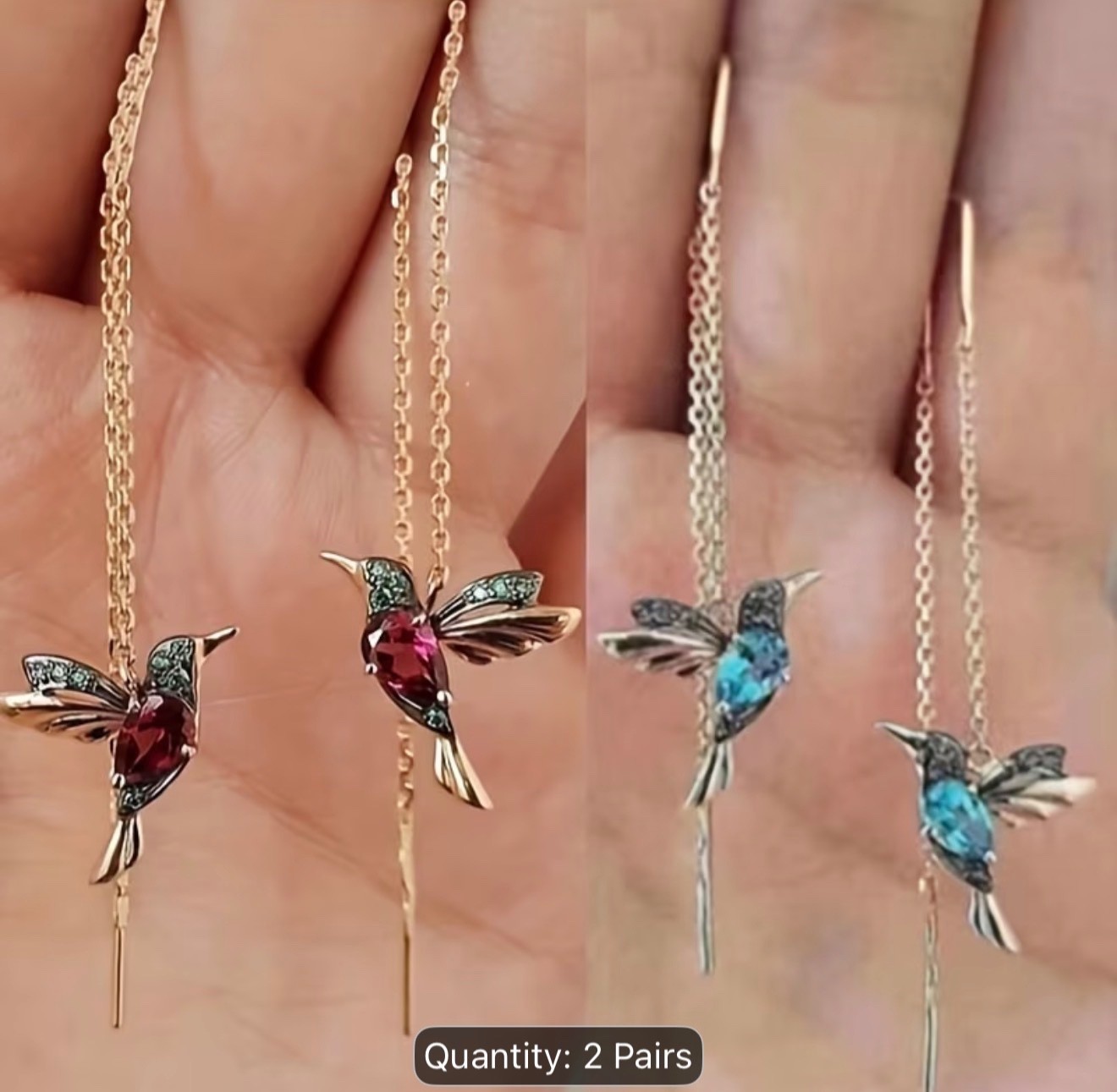 2 Pairs Boho Red Hummingbird Earrings Wing Dangle 2Earrings Hypoaller