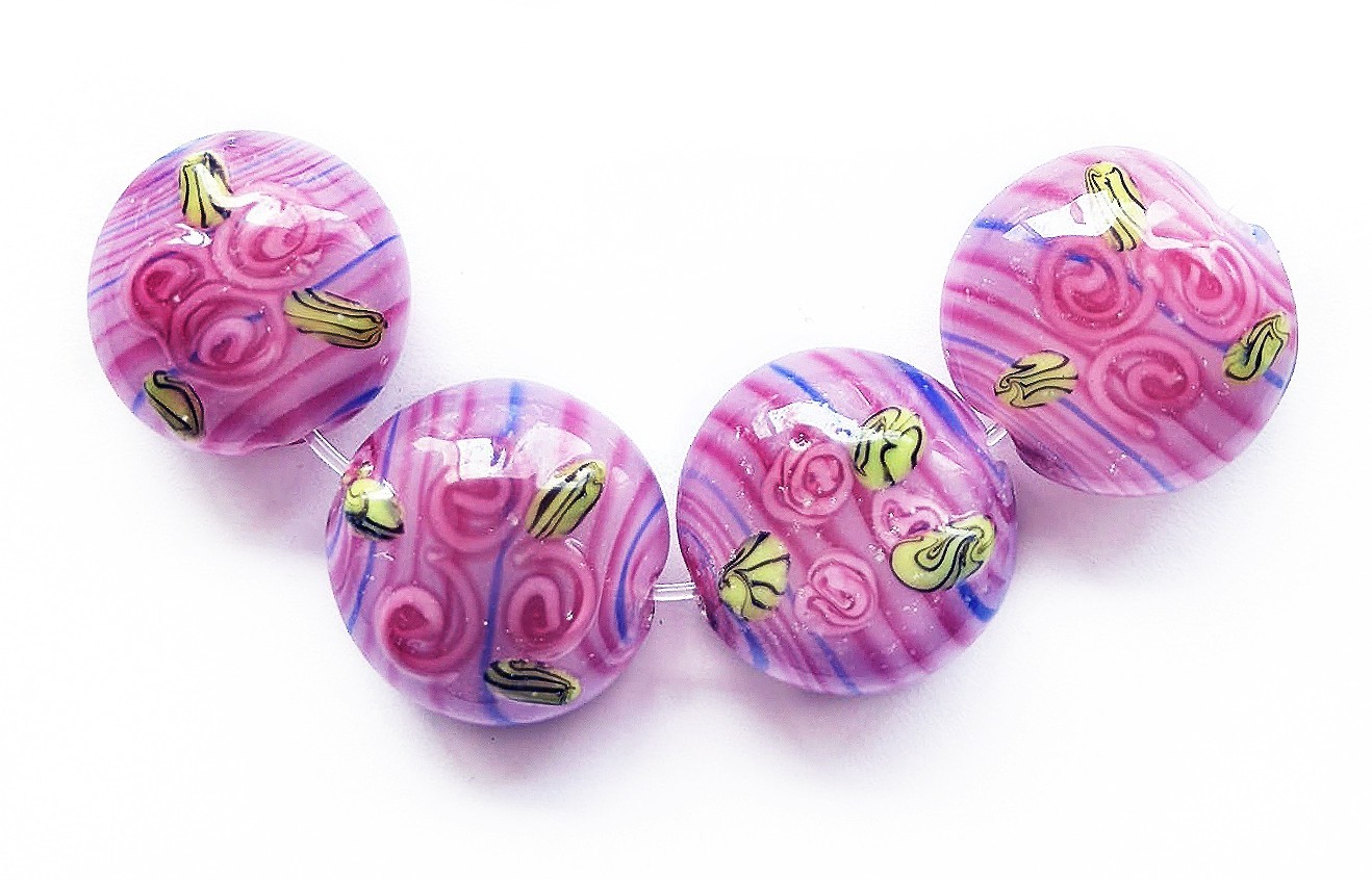 4 Handmade Lampwork Glass Lentil Beads Pink Roses 19 mm 4 beads (#p6)