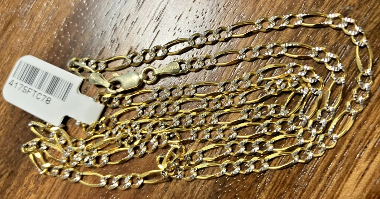 10kt Real Gold Solid Figaro Two-Tone Chain 7.8grams 3.5mm 24” GND Brand NWT 10K