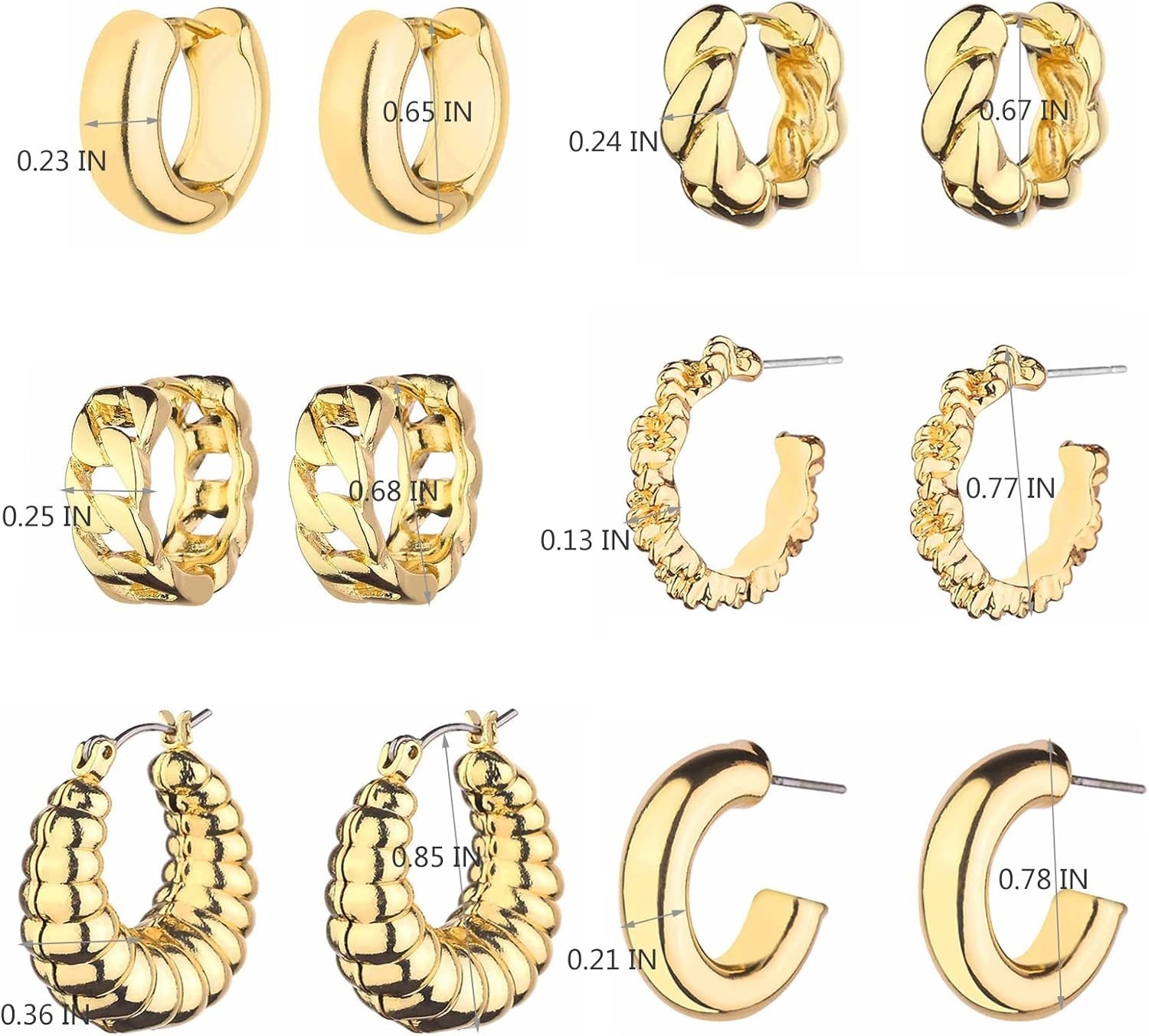 Luxurious 14K Gold Plated Chunky Hoop Earrings – 6 Pairs for Every Occasion
