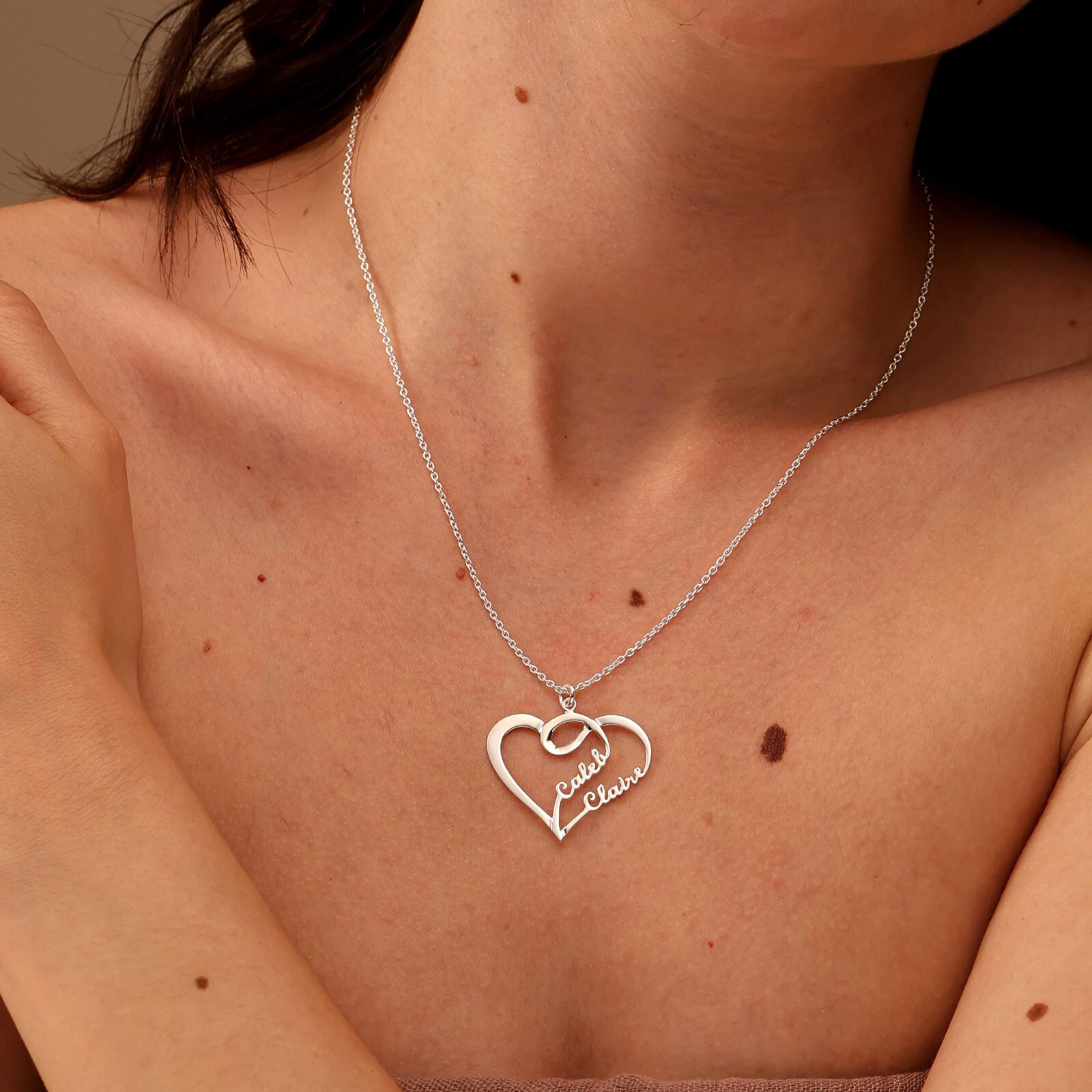 Personalized Customized 2 Name Custom Double Heart Couple Pendant Necklace Women