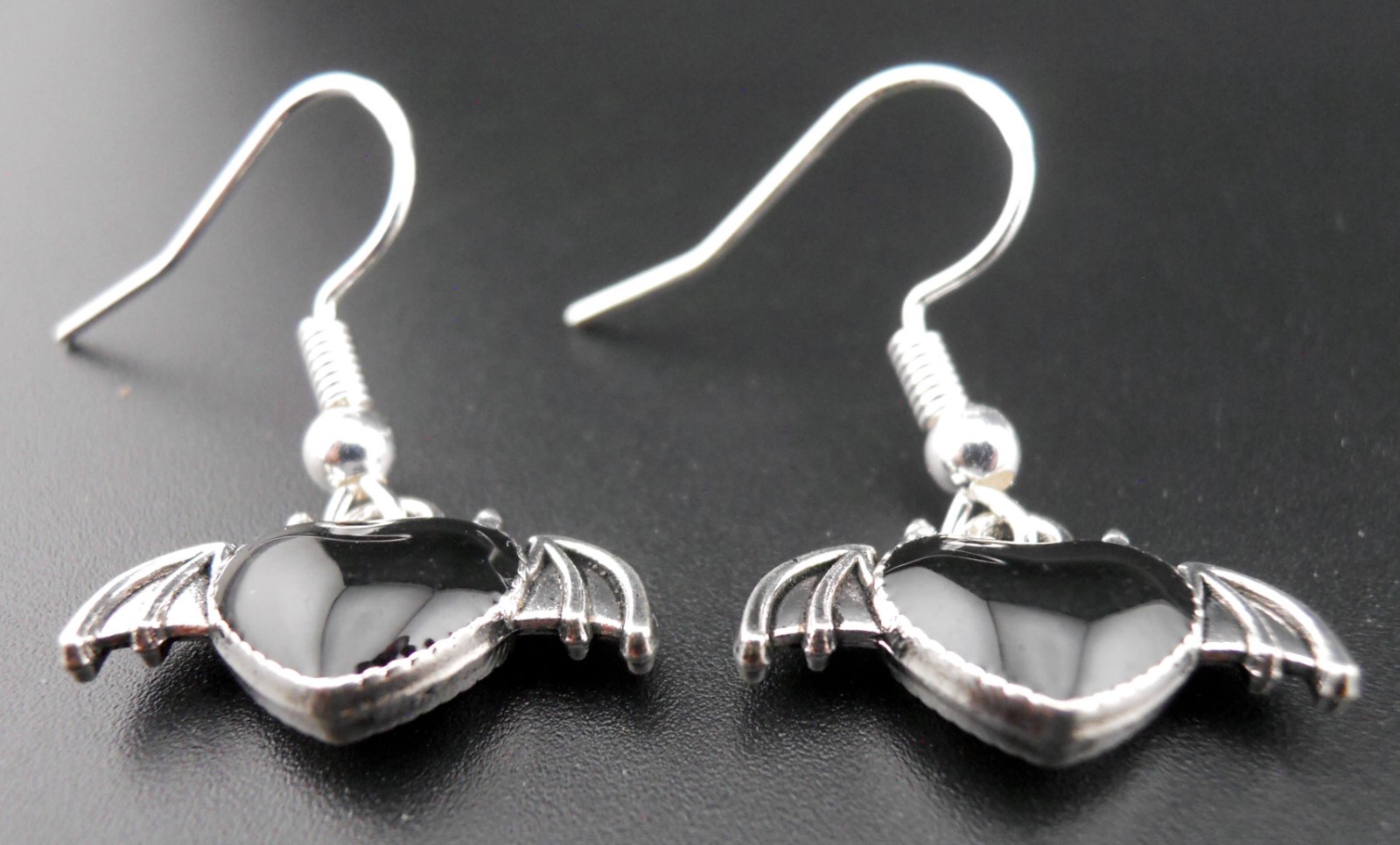 Gothic Bat Earrings Sterling Silver Ear Wires Devil Horns Black Heart Goth New