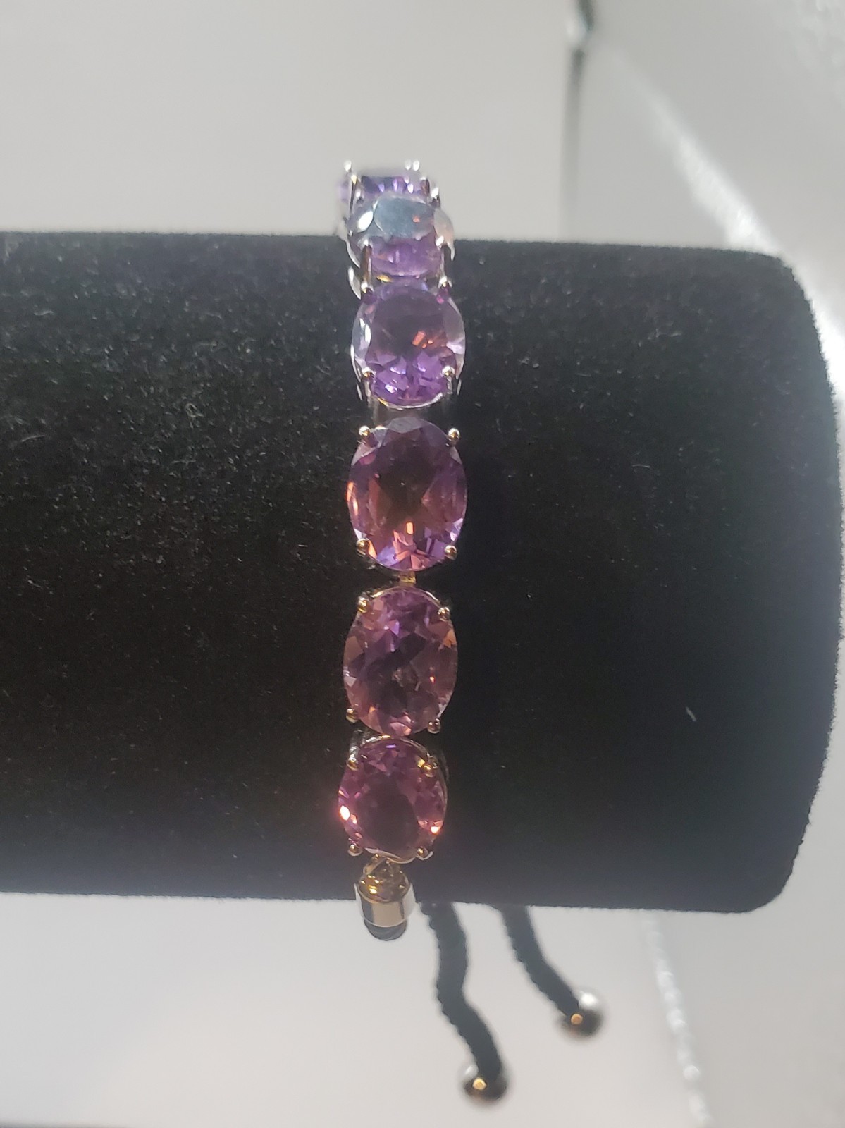 NIB 925 Sterling Amethyst Gemstone TESTED Slide Bracelet W/ Black Cord