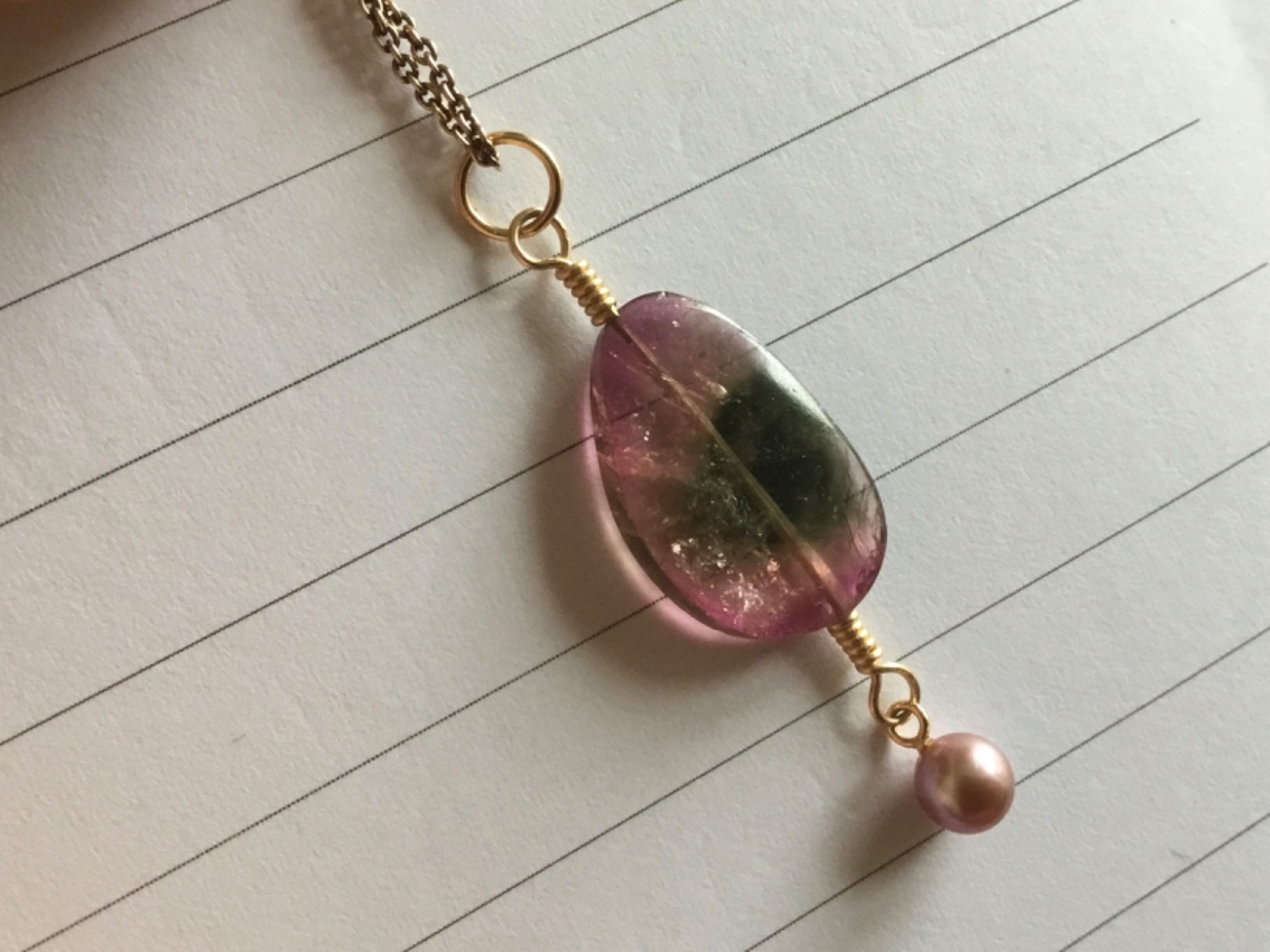 Solid 9ct gold tourmaline slice pendant 9k 375