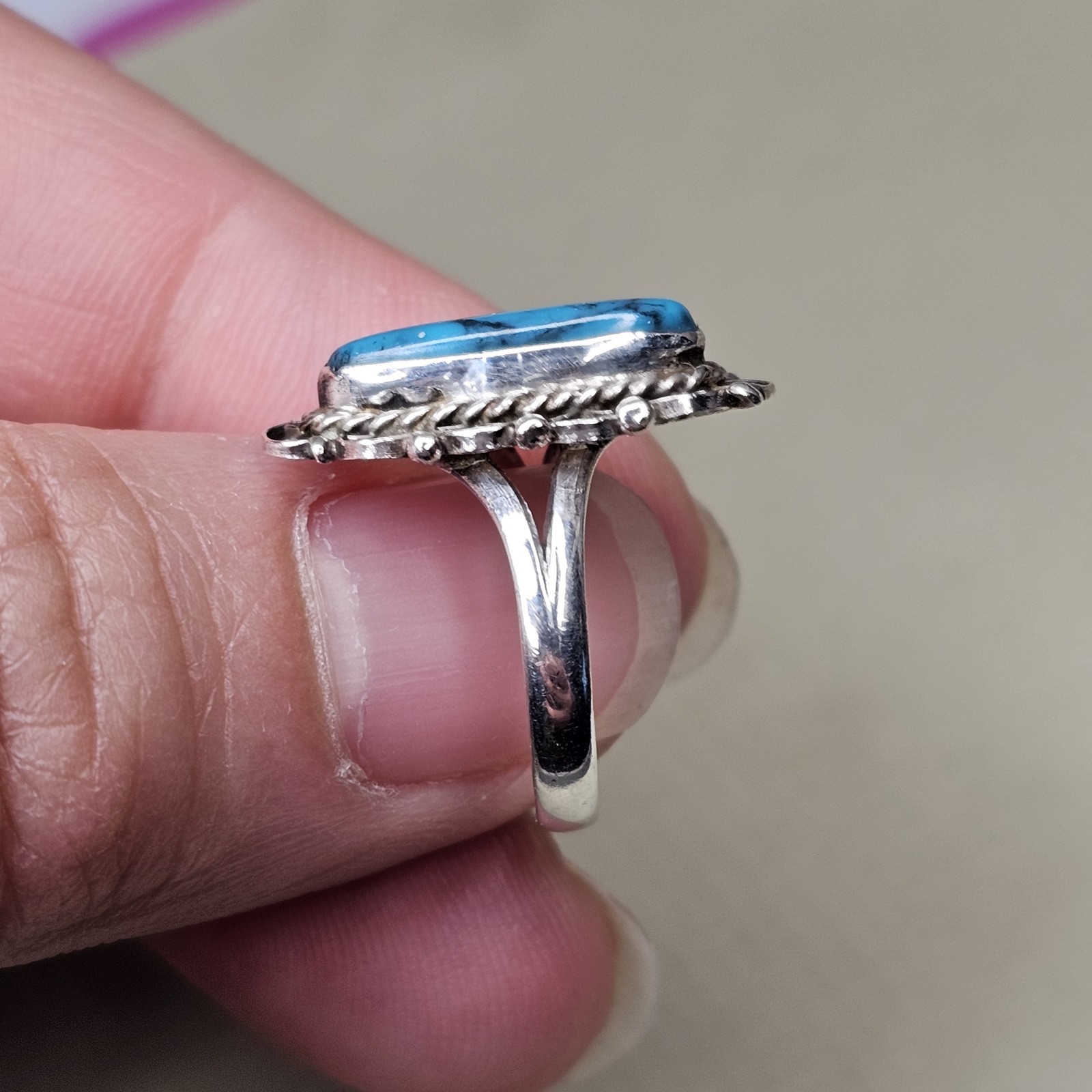 Vintage 925 Sterling Silver Turquoise Ornate Style Ring Size 5.25 – 2.15 g