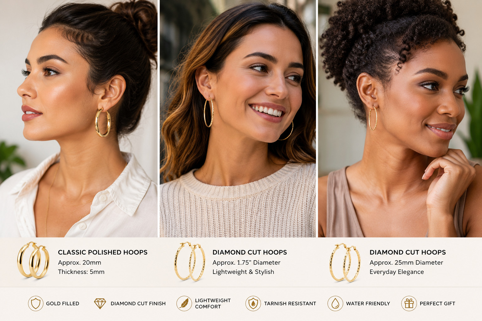 Gold Filled Hoop Earrings Set Diamond Cut Polished Lightweight for Women