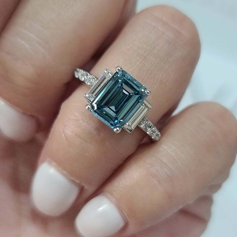 3Ct Emerald Simulated Blue Diamond Three Stone Ring 14k White Gold Plated Silver