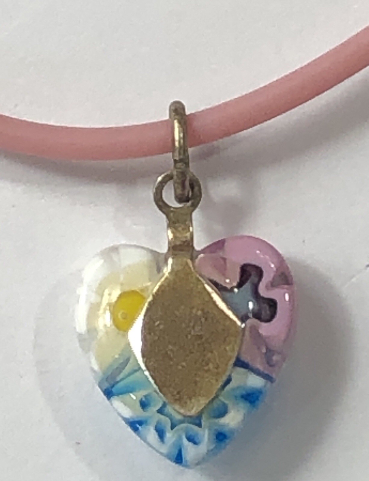 Millefiori Glass Pendant Necklace Heart w Sterling Silver Clasp – 15 inch Length