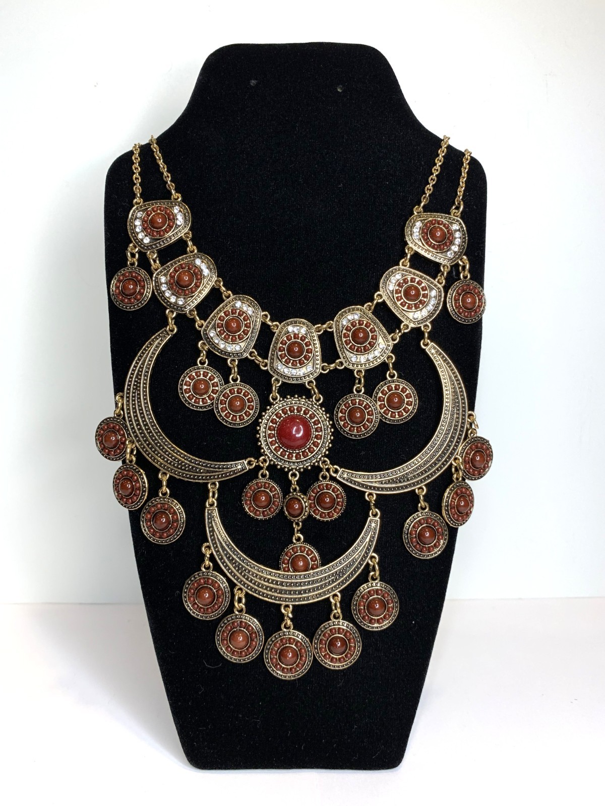 Boho Style Gold Tone Bib Statement Necklace Crescent Shapes w/ Maroon Medallions