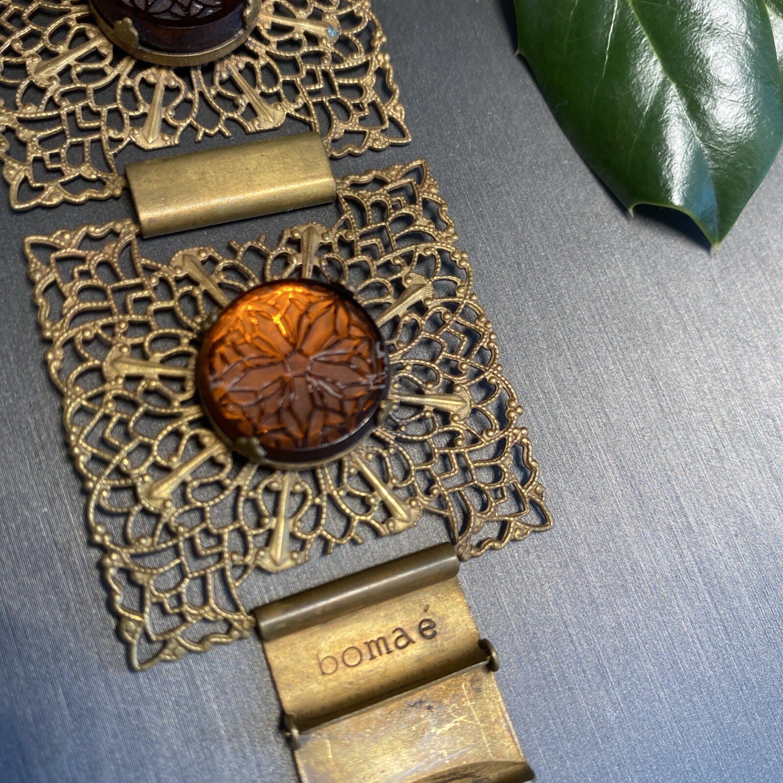 Vintage BOMAE Bracelet Estate Jewelry Pre-owned Filigree Die Struck Etched Glass