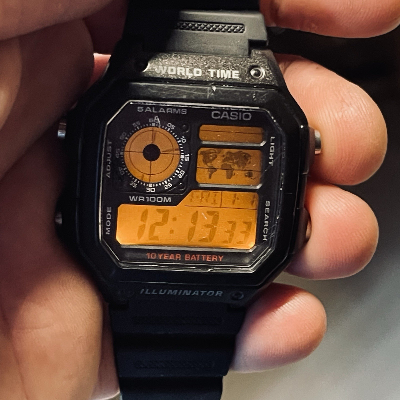 Casio Mens Watch 40mm Black Grey Digital World Time Illuminator 3299 AE-1200WH