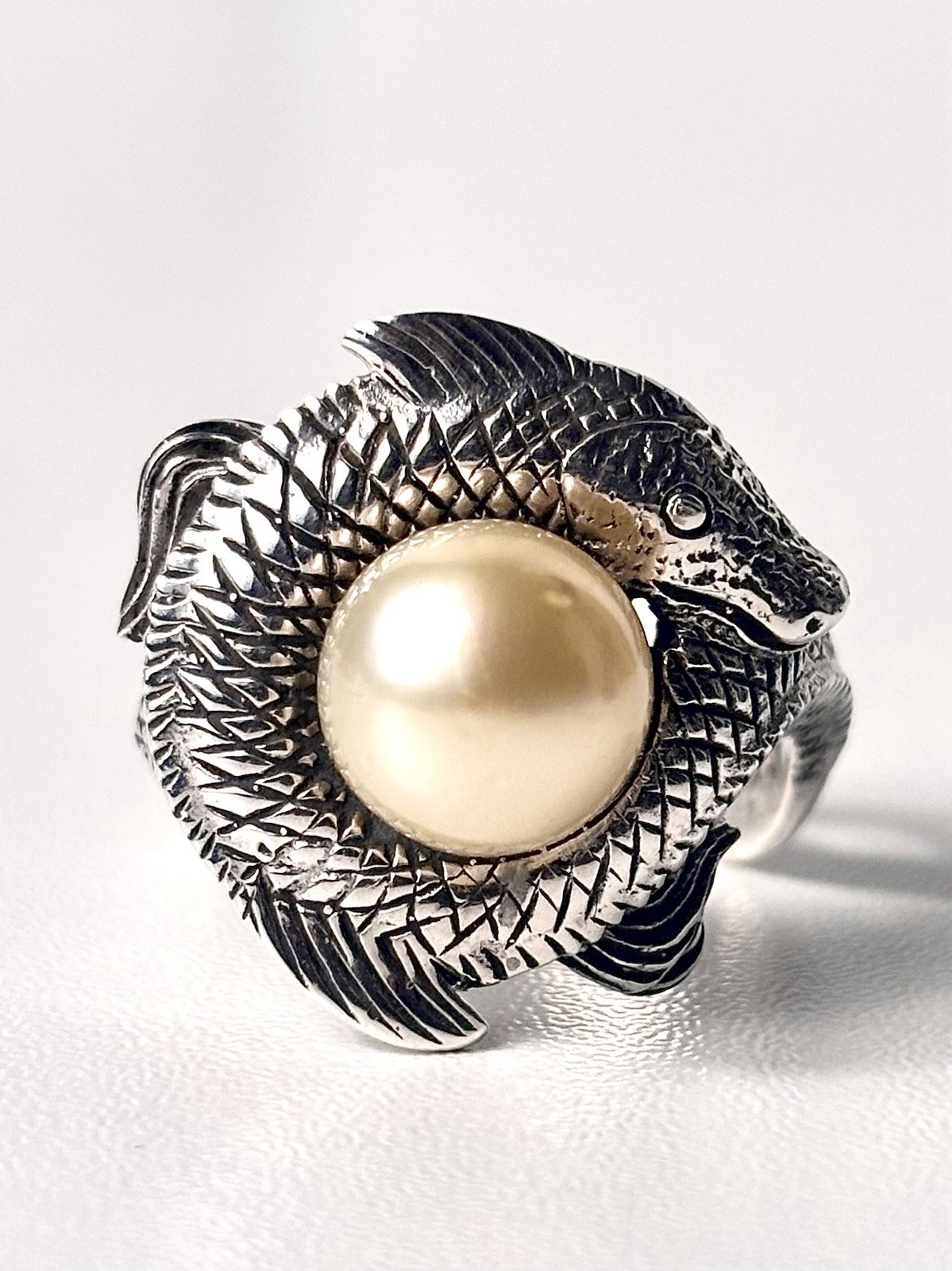 Bali Legacy South Sea Golden Pearl 925 Sterling Koi Fish Ring, Size 7