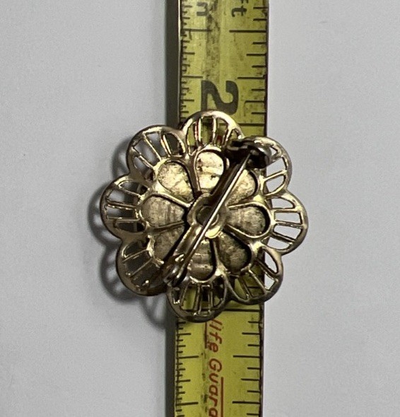 Pink Black Green Guilloche Enamel Painted Flower Gold Tone Metal Brooch Vintage