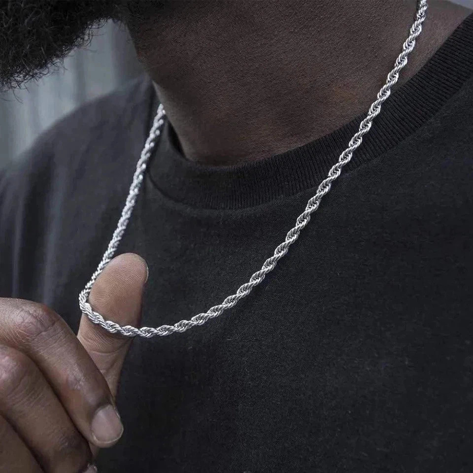 New Men’s Italian 4mm Diamond Cut Rope Chain Solid 925 Sterling Silver Necklace