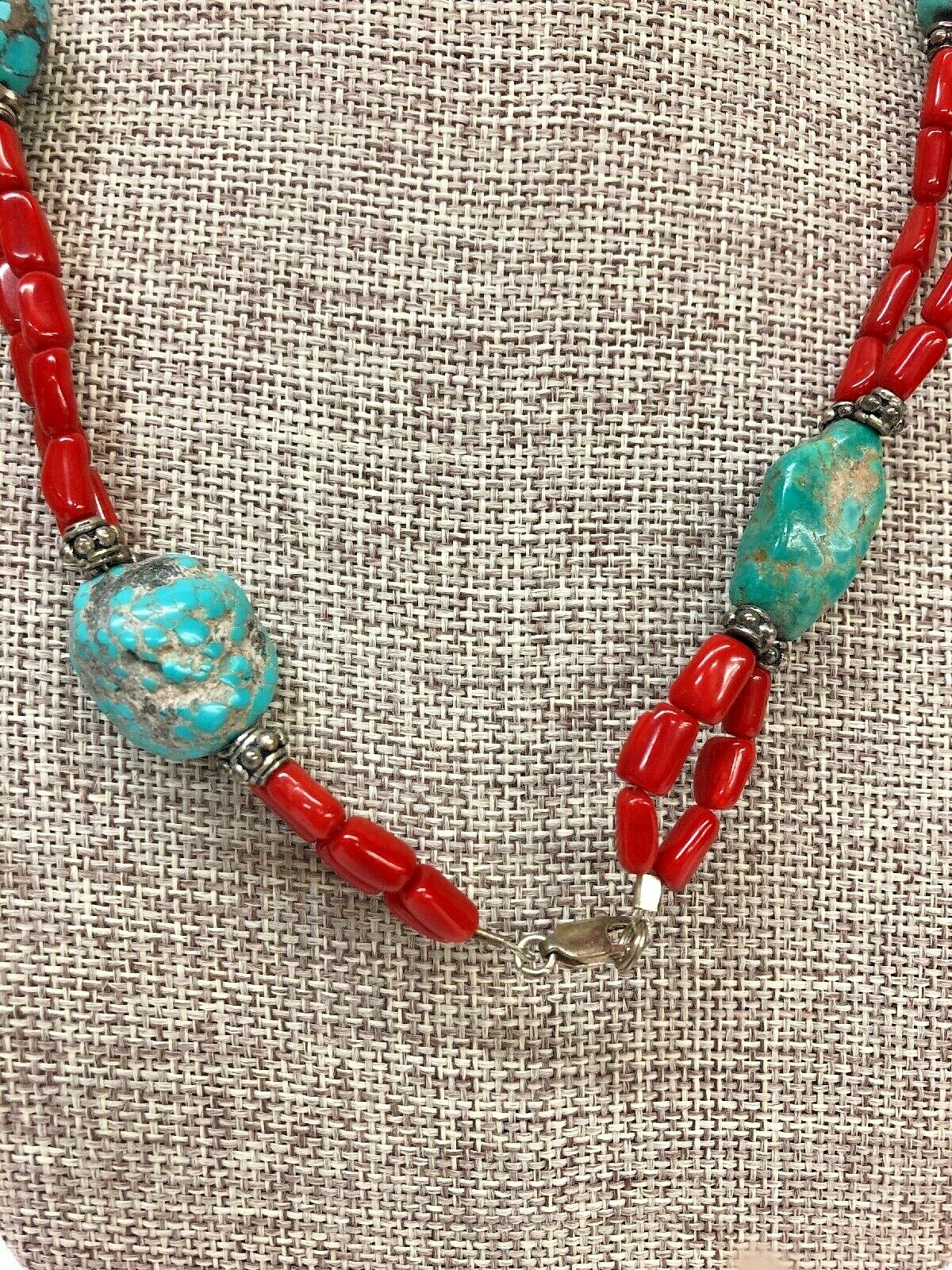 Sterling Silver Natural Beads Turquoise, Coral Necklace 19 1/2 inches