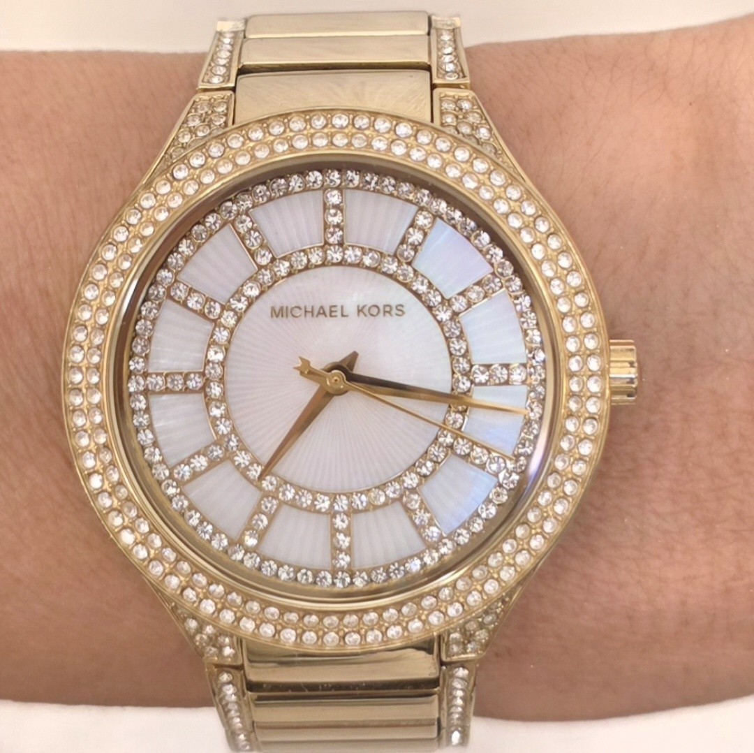 Michael Kors Gold Tone Crystal Pave Mother of Pearl MK Bracelet Watch