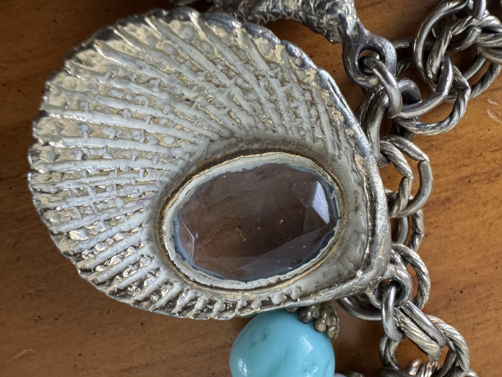 Vintage Chunky Sea Shell Charm Bracelet Coral Starfish Shell Nautical Crystal