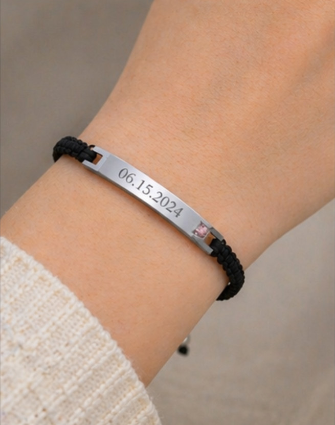 Personalized Gemstone Bar Bracelet Custom Engraved Braided Cord Rose Gold Silver