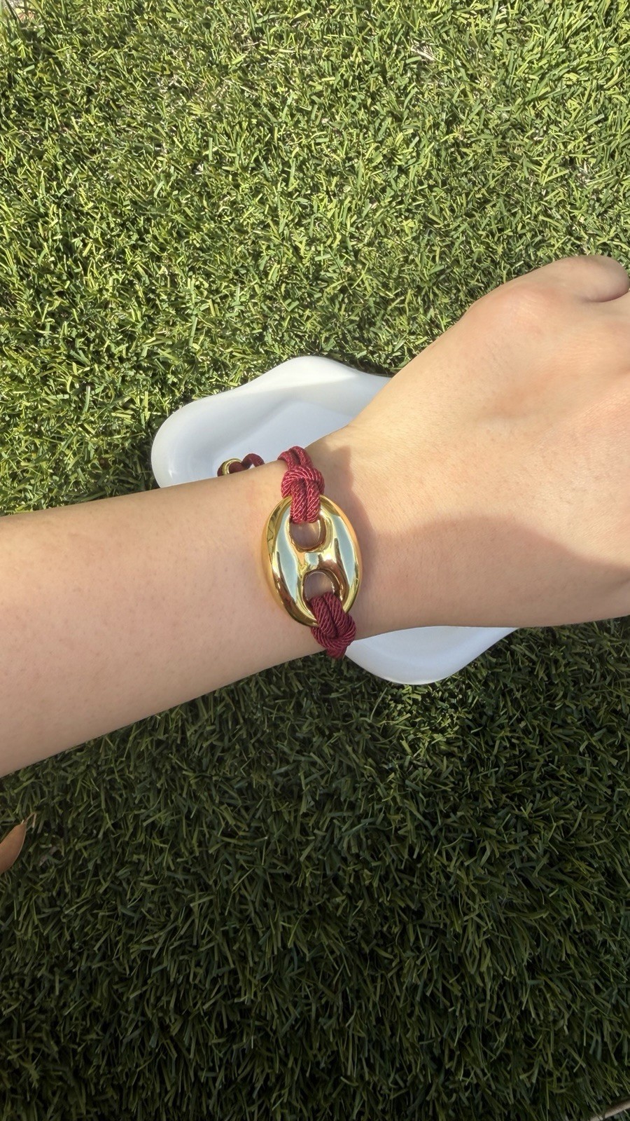 Burgundy Cord Bracelet with Gold Oval Charm, Adjustable