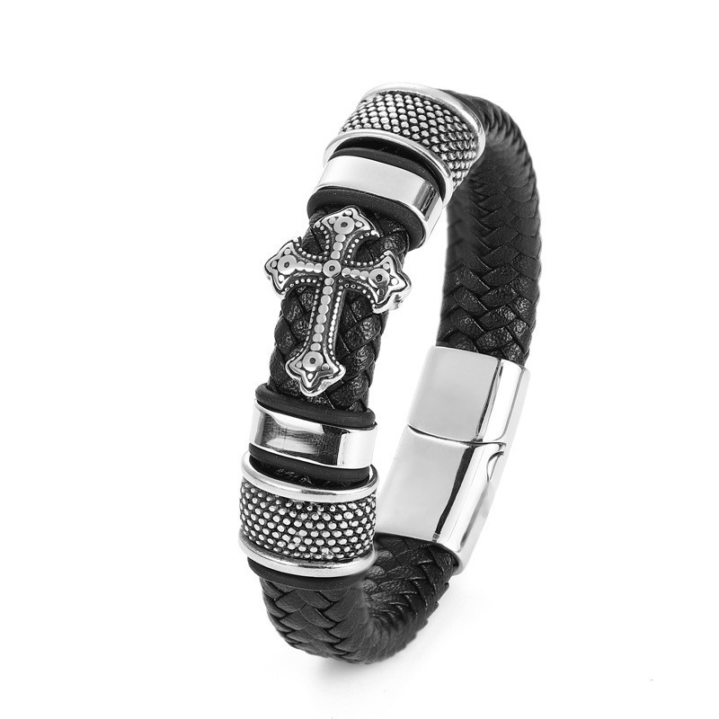 Men’s Cross Leather Bracelet Stainless Steel Braided Multi-Layer Cuff Wristband