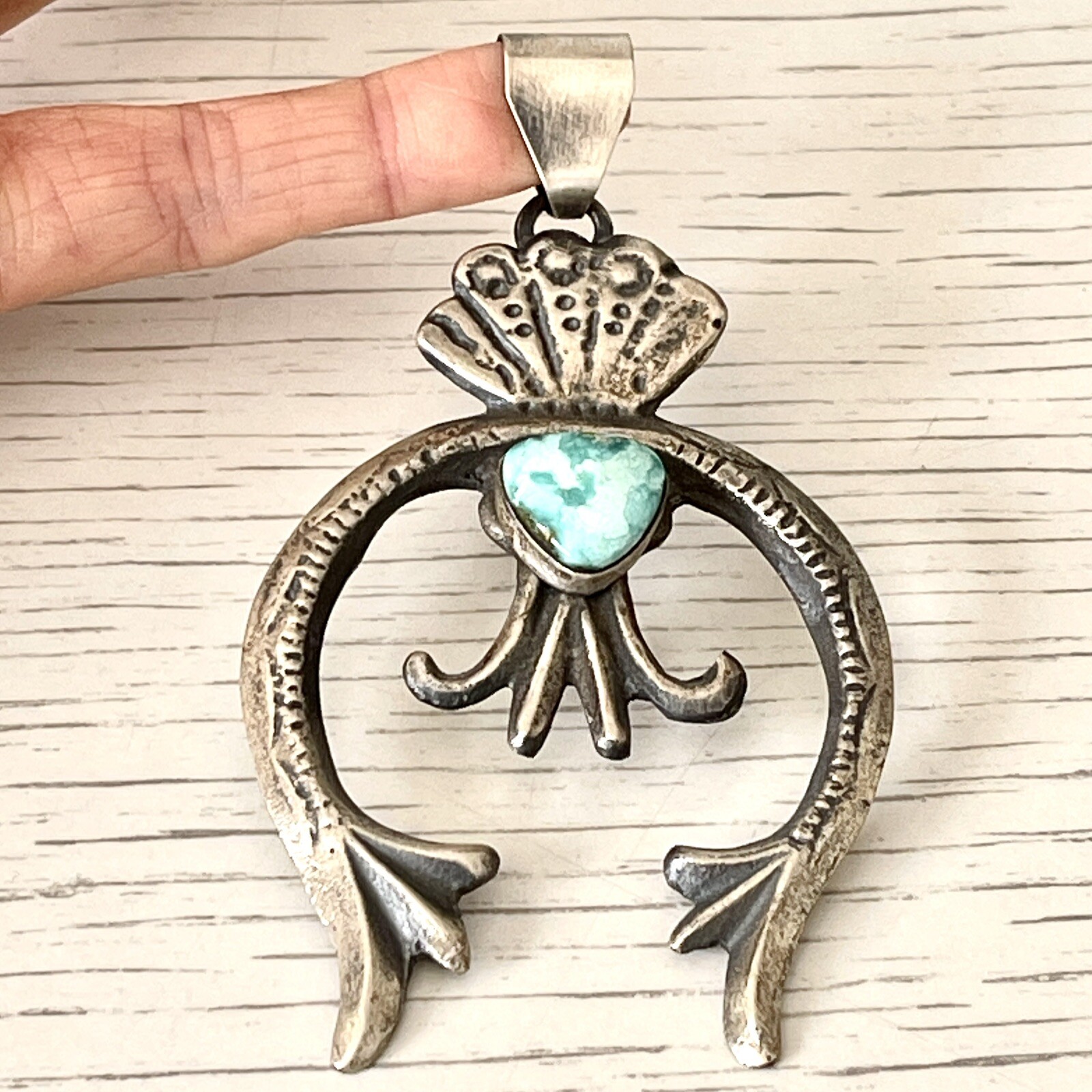 BIG Navajo Naja Pendant Turquoise 3.75in Squash Blossom Signed 925 Matte