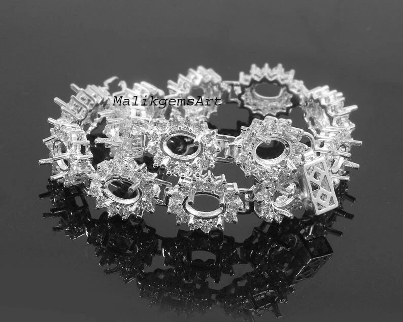 Semi Mount Bracelet 925 Sterling Silver 7X5 MM Oval & CZ Blank Stone Bracelet
