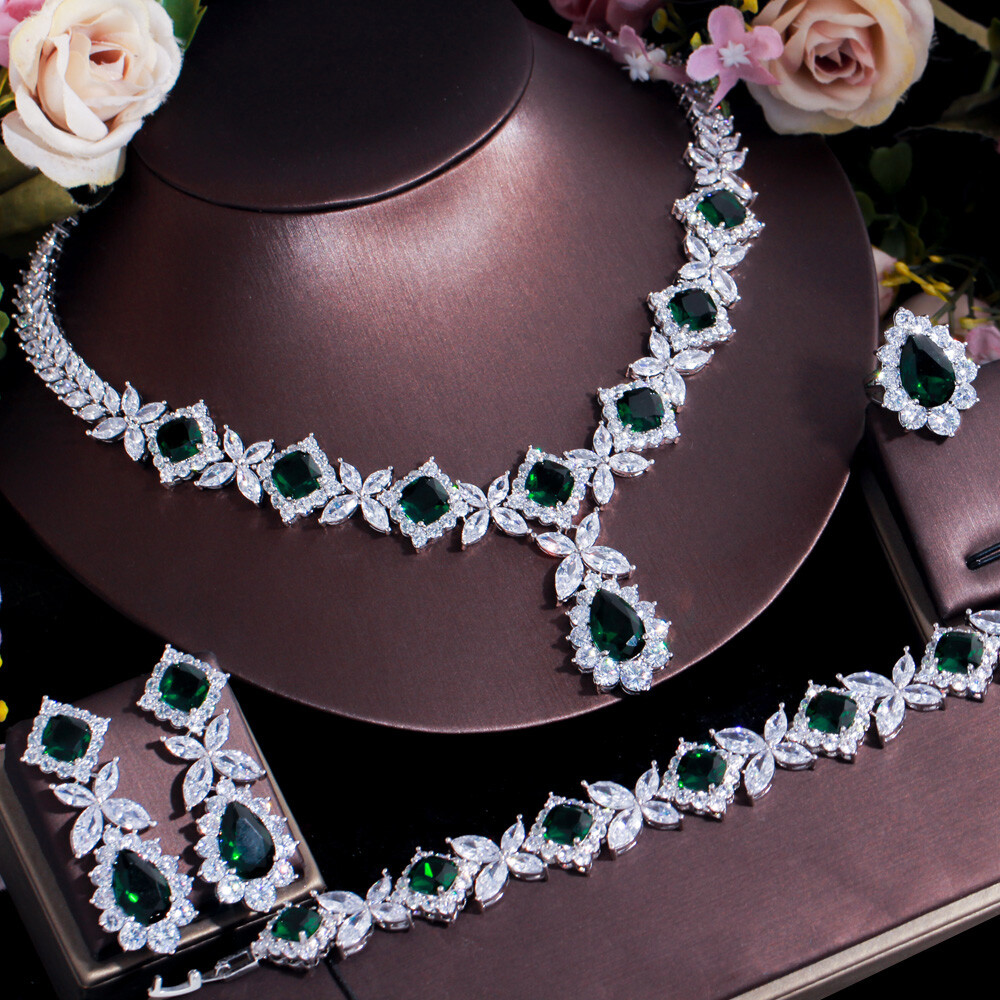 Green CZ Women Engagement Leaf Drop Necklace Earring Bracelet Ring Jewellery Set