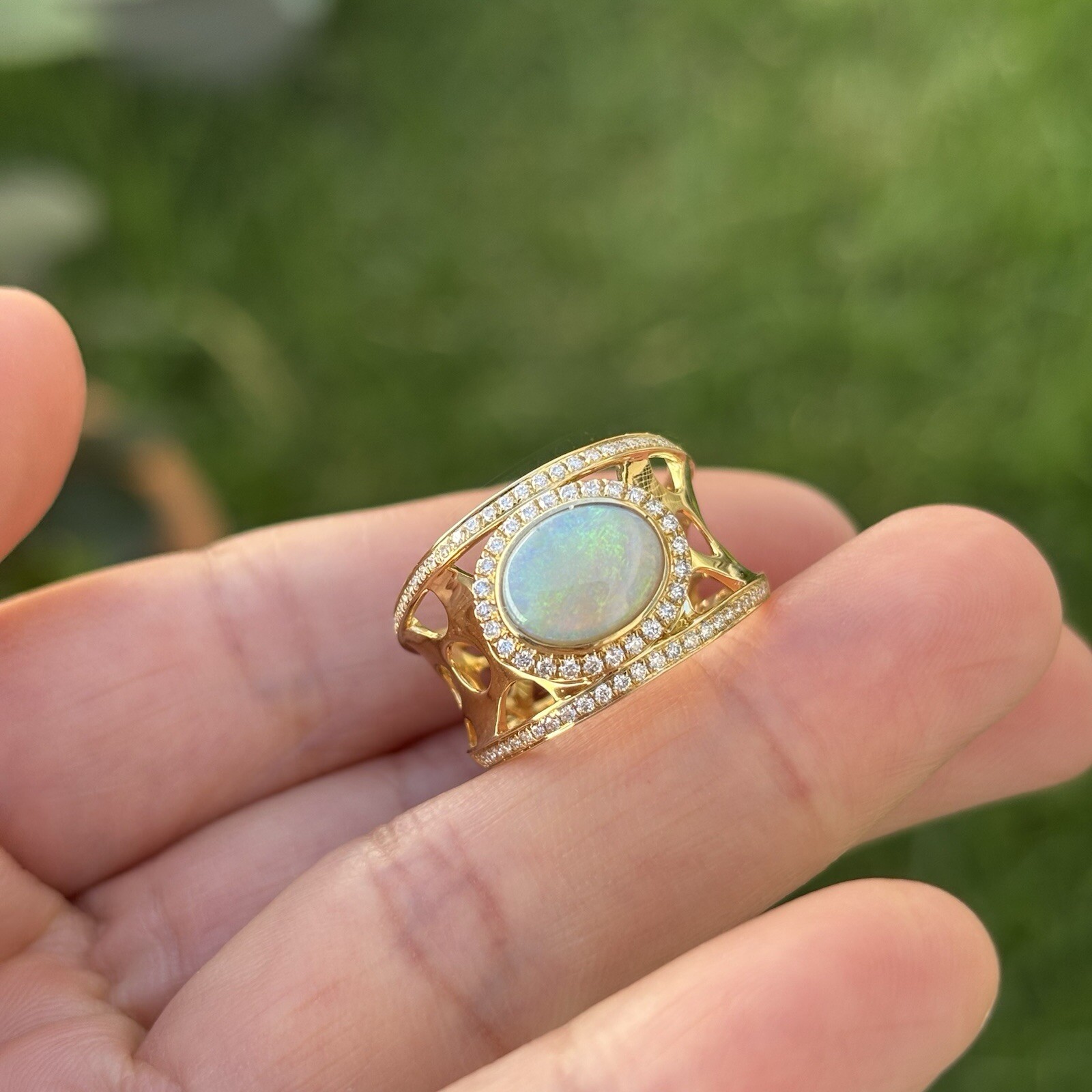 Natural Australia Solid opal w/0.301cts diamond 18K gold ring 29.79cts #O 1/2
