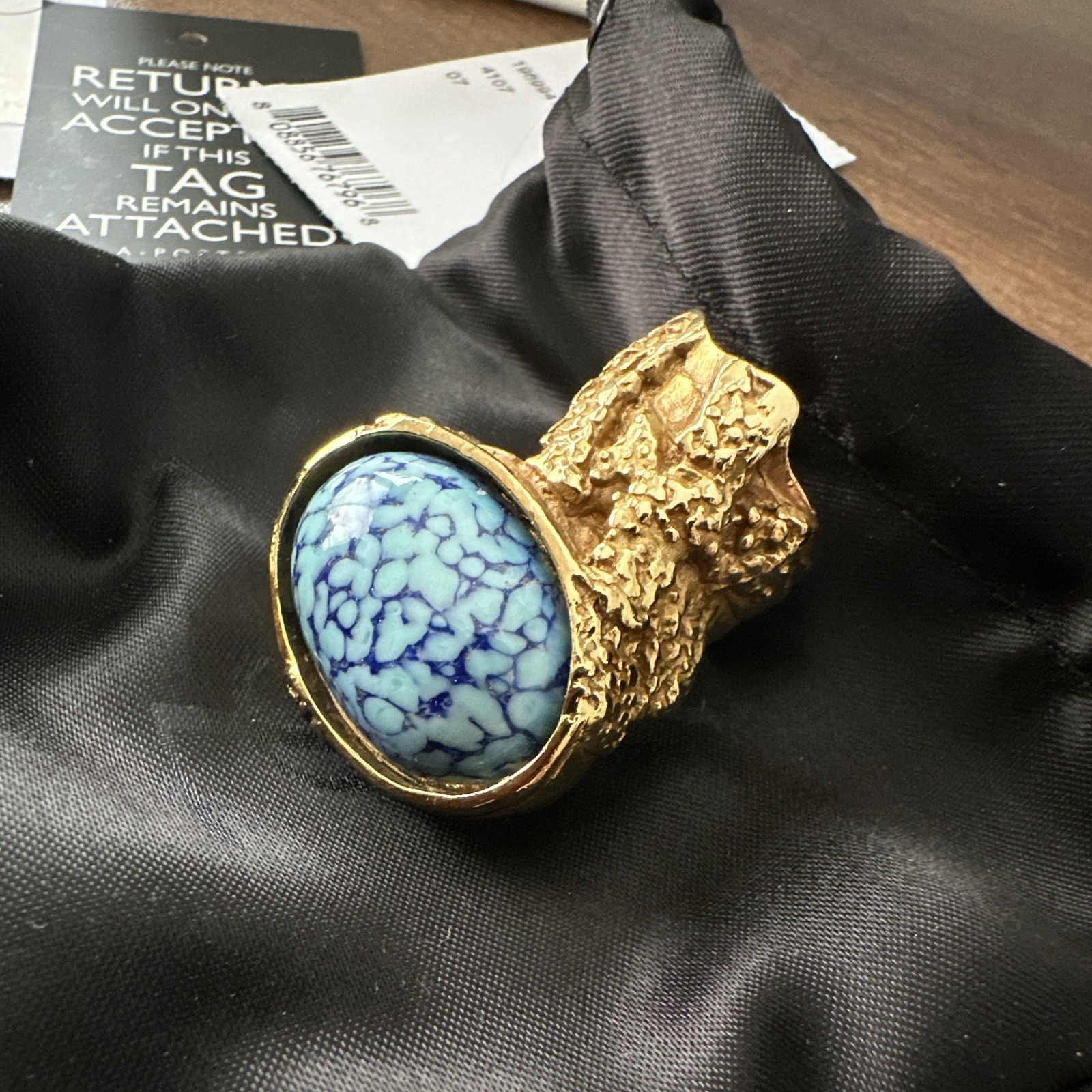 Yves Saint Laurent Signed Engraved Gold Tone Blue Oval Stone Ring Size 7