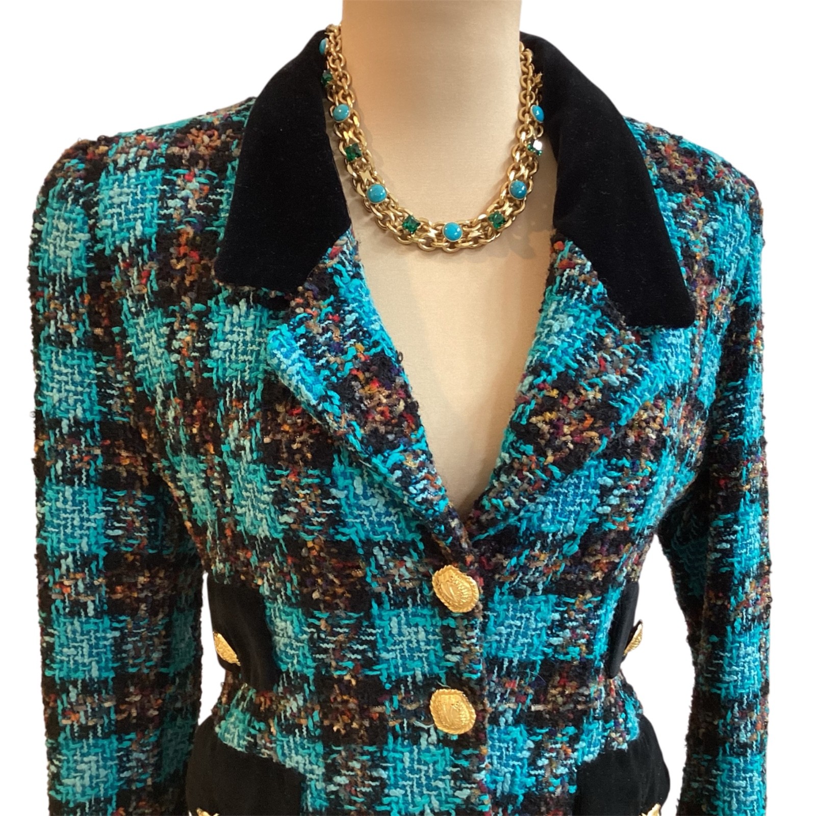 Lanvin Necklace 16″ Turquoise & Emerald Green Ribbon Statement Gold-Tone Short