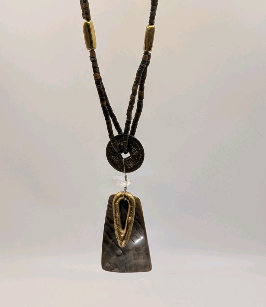Multi-Strand Brown Beaded Necklace Trapezoid Shell Pendant Quartz/Brass/Coin