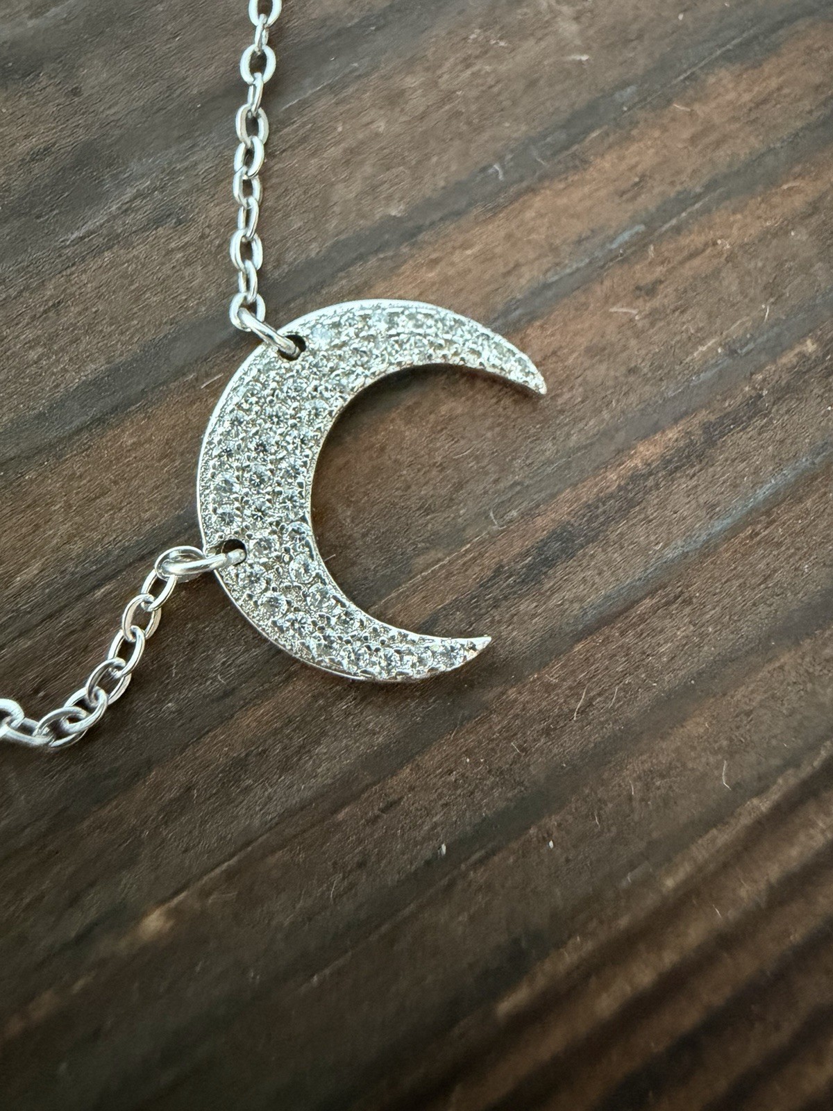 925 Sterling Silver CZ Crescent Moon Necklace 18” Adjustable Dainty Minimalist
