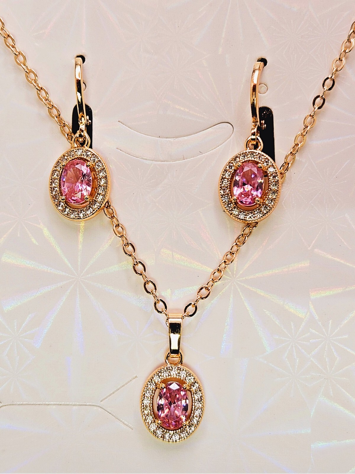 Necklace and Earring set 3 piece 18K Gold with Pink and White Cubic Zirconias