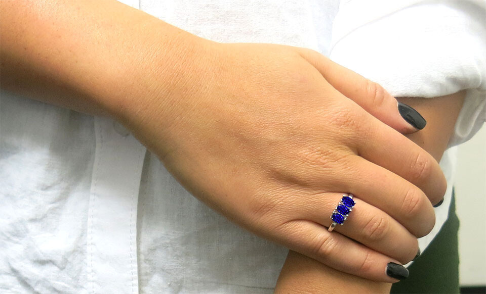 925 Sterling Silver 3.00 CTTW Created Sapphire Oval Cut Tri Stone Ring Size 6-9