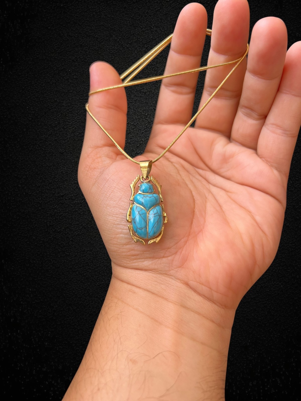 Turquoise Scarab Pendant Ancient Egyptian Amulet Necklace Gold Frame Beetle