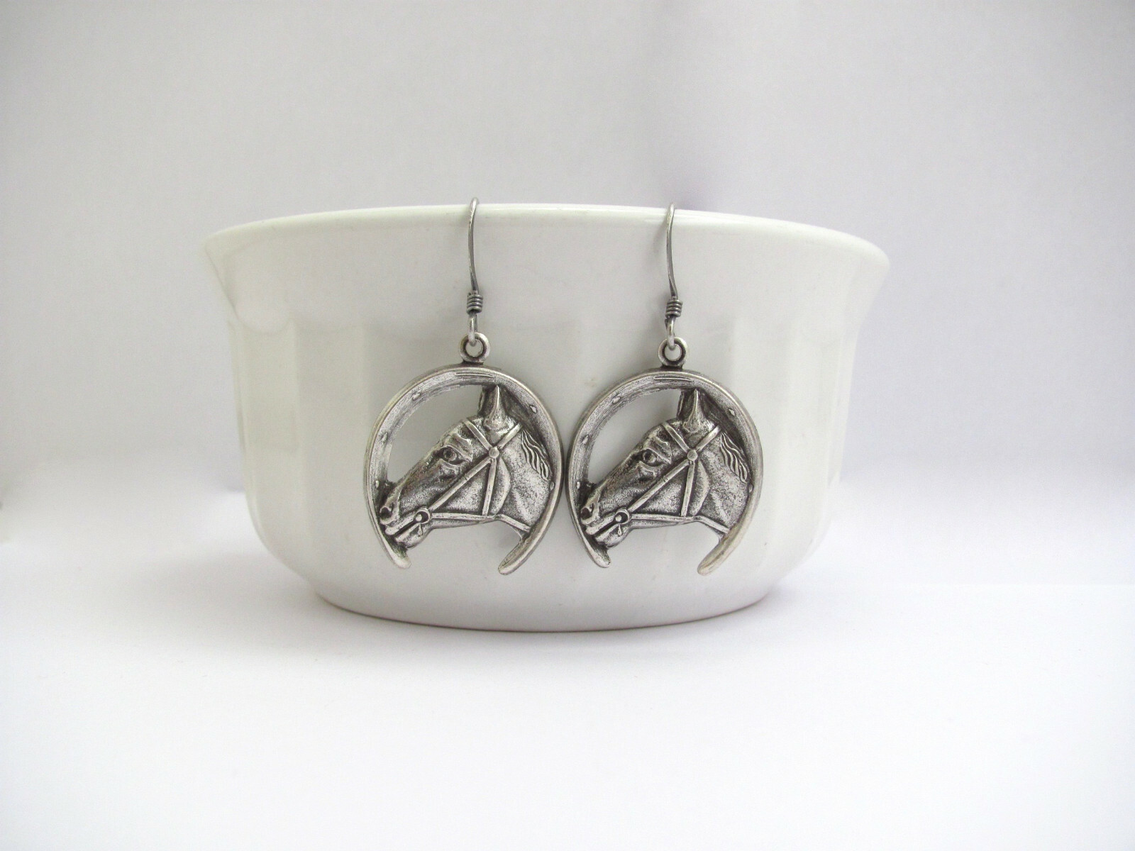Horse Earrings Horse Shoe Lucky Charm Antiqued Silver Plate Hawaiibeads Earrings